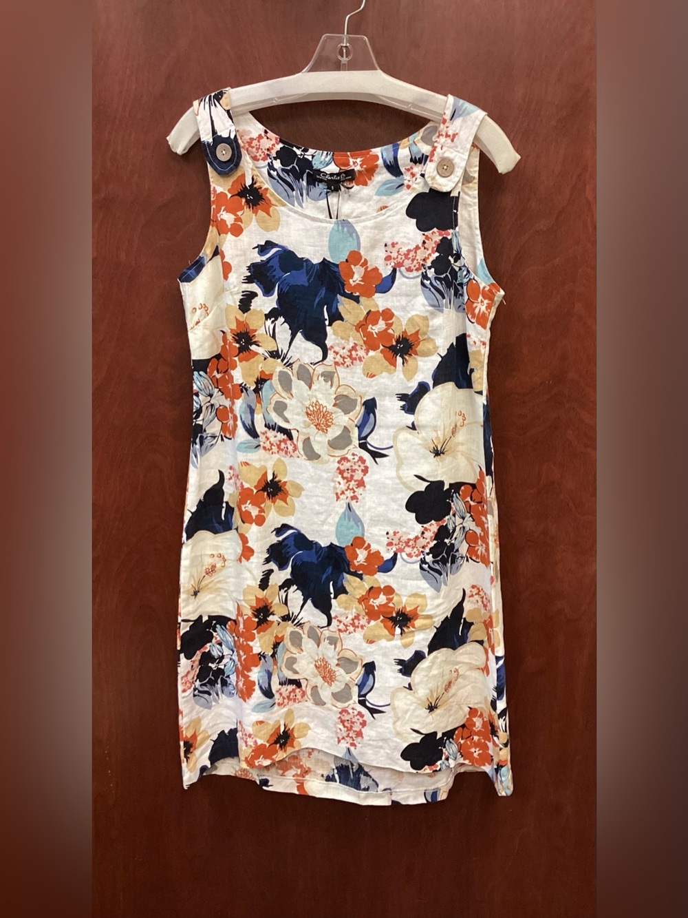 CHARLIE B Sleeveless Floral Mini Dress in White, Orange & Navy C3154-032B